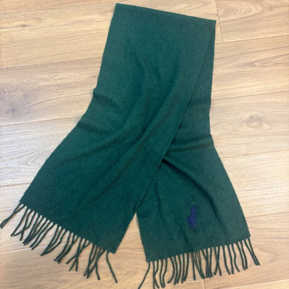 Polo Ralph Lauren Scarf Unisex OS Green Vintage Lambswool Italy Fringe Big Pony